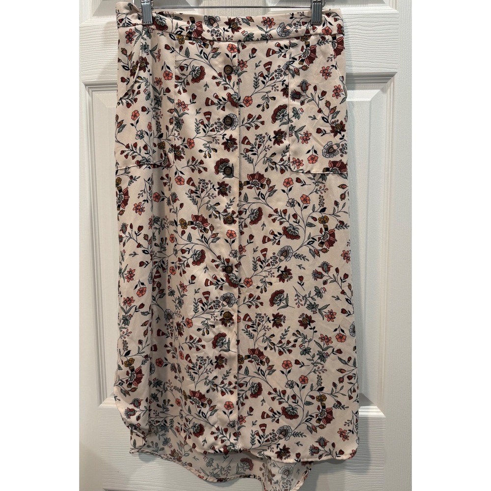 Cream Floral Button Front High Low Midi Skirt Medium Pockets Boho Prarie Flowy